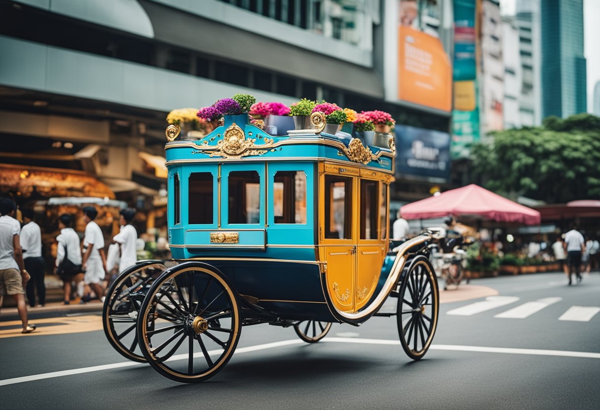 A colorful cycle and carriage adorned with promotional banners, surrounded by a bustling cityscape in Singapore