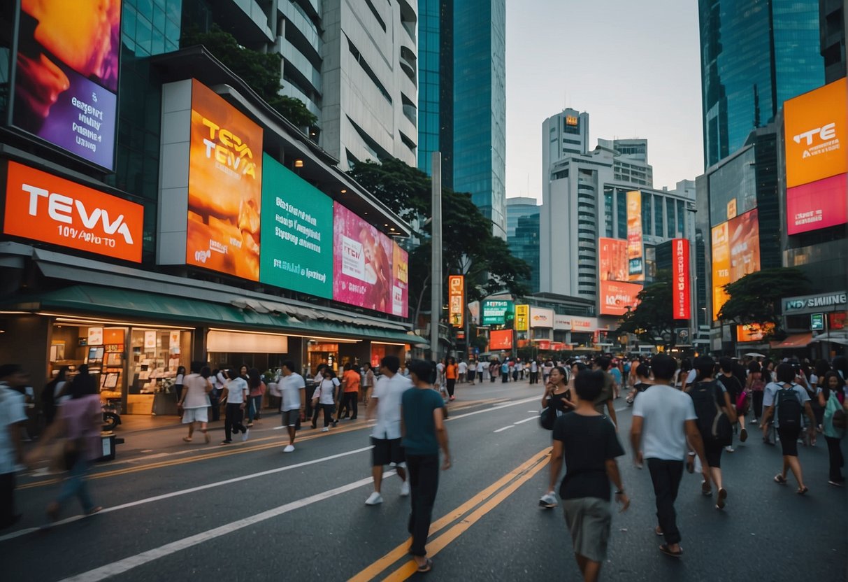 A bustling city street in Singapore, with vibrant signs and banners promoting Teva products. The skyline is filled with modern buildings and the atmosphere is energetic