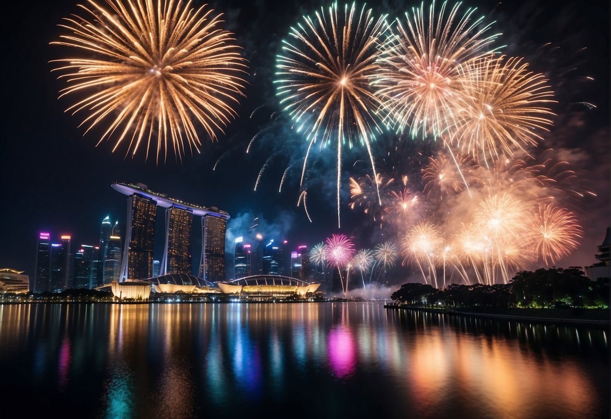 A vibrant city skyline with fireworks bursting in the sky, illuminating the night in celebration of Triumph Promotions Singapore