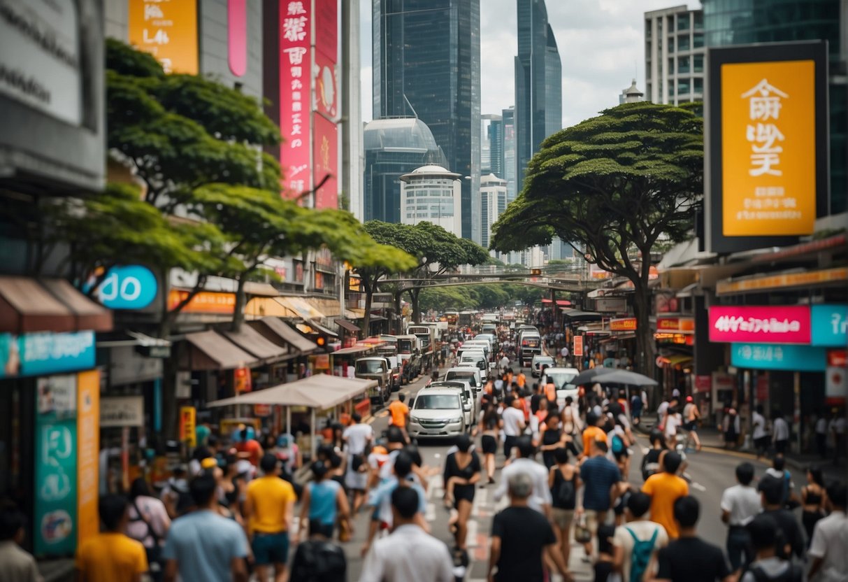 Vibrant cityscape with iconic Singapore landmarks and Threadless promotions displayed on billboards and storefronts. Busy streets with bustling crowds and colorful signage
