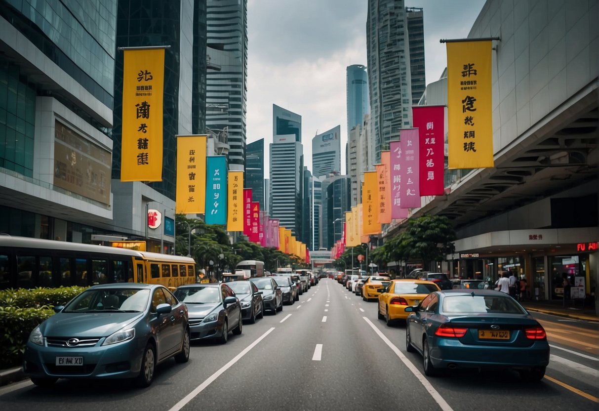 A bustling city street in Singapore with colorful banners and signs promoting Fuji products. Tall buildings and busy traffic in the background