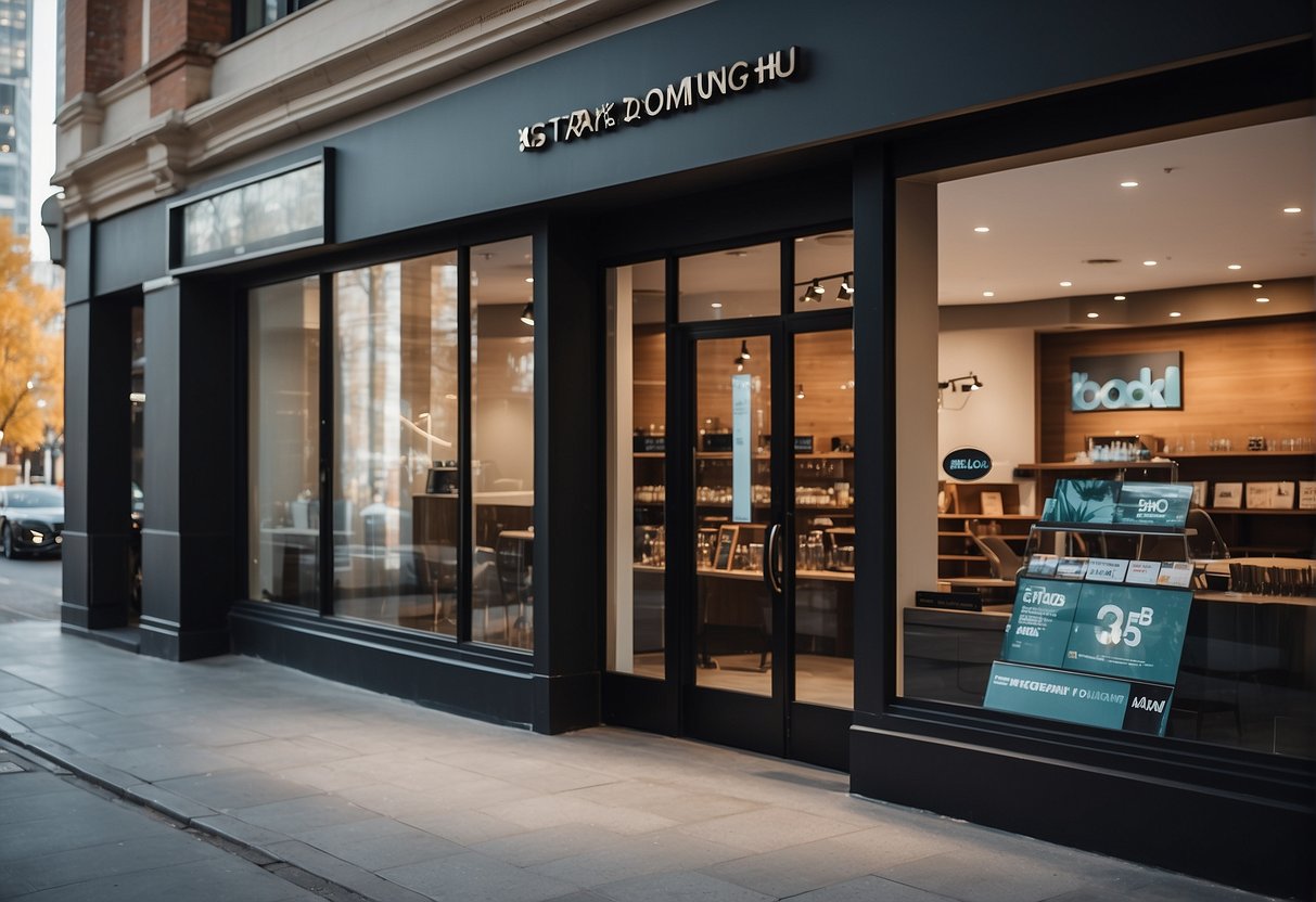 A sleek, modern storefront with bold signage and elegant displays showcasing exclusive promotions for 2024