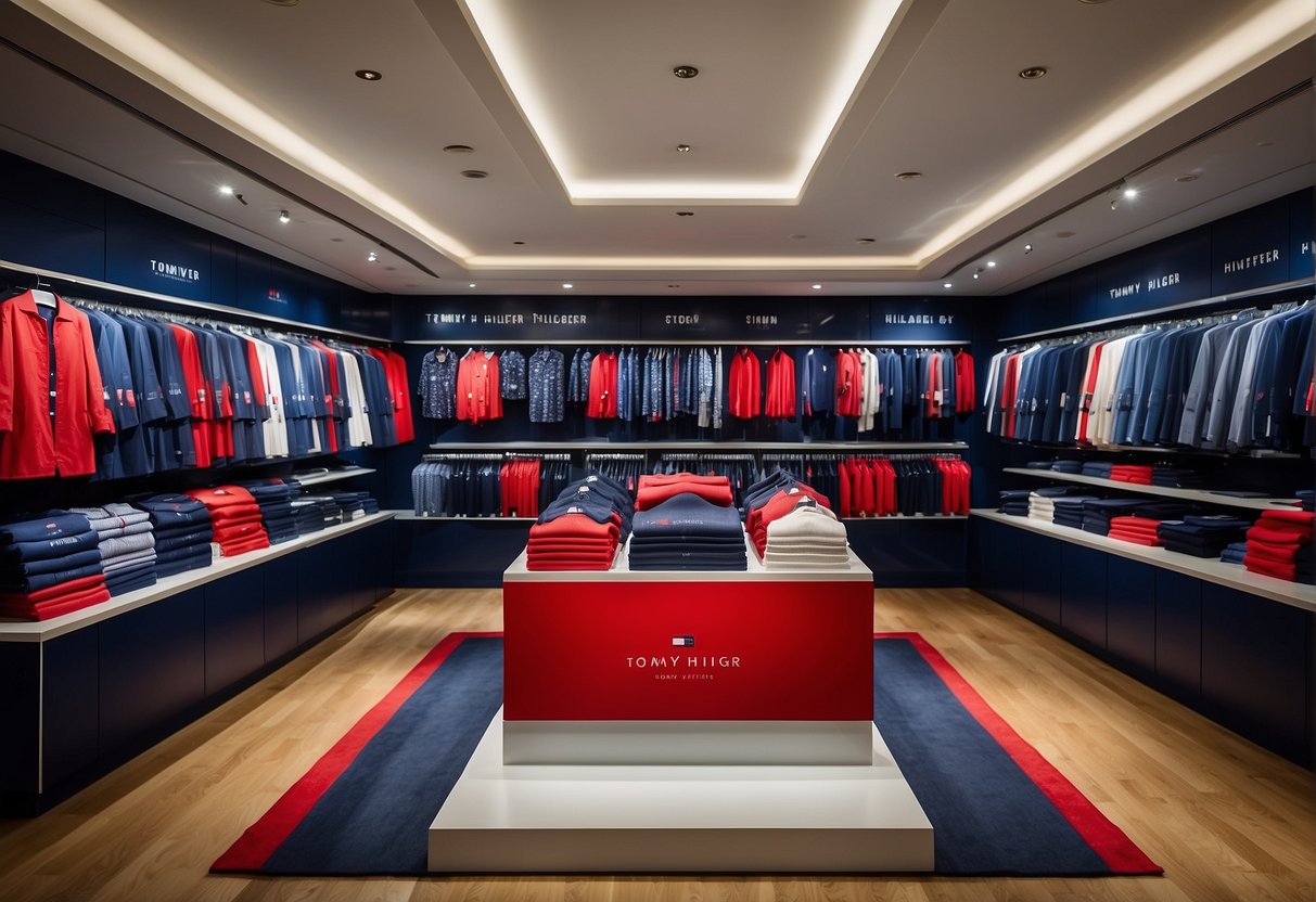 A vibrant display of Tommy Hilfiger promotions in Singapore, featuring bold colors and sleek designs. The iconic logo is prominently showcased, drawing attention to the stylish offerings