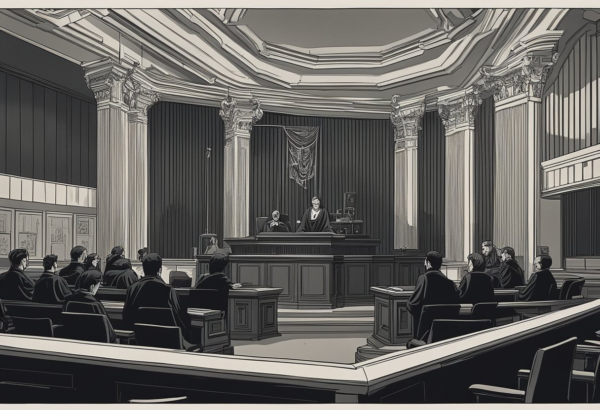A demonic figure presides over a courtroom, judging promotions in Singapore. Sinister atmosphere, dark decor, and ominous presence
