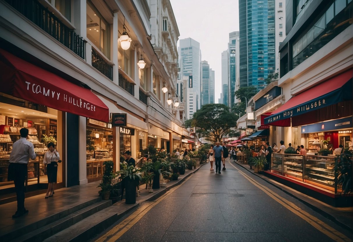 A bustling city street with vibrant storefronts adorned with "Sensational Season Sales" signs for Tommy Hilfiger promotions in Singapore