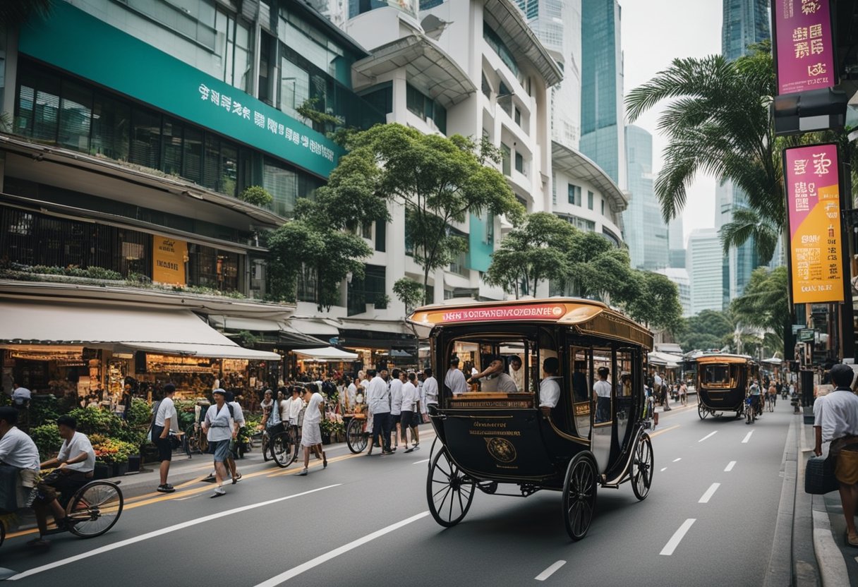 A bustling street with colorful cycle and carriage promotions in Singapore. Signs and banners catch the eye, while people explore the options