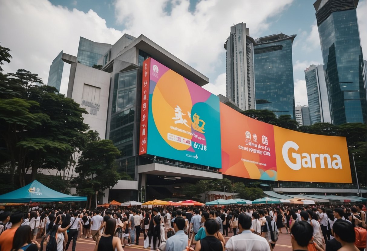A vibrant, bustling street in Singapore adorned with colorful banners and signs promoting Garena events and promotions. The atmosphere is filled with excitement and energy