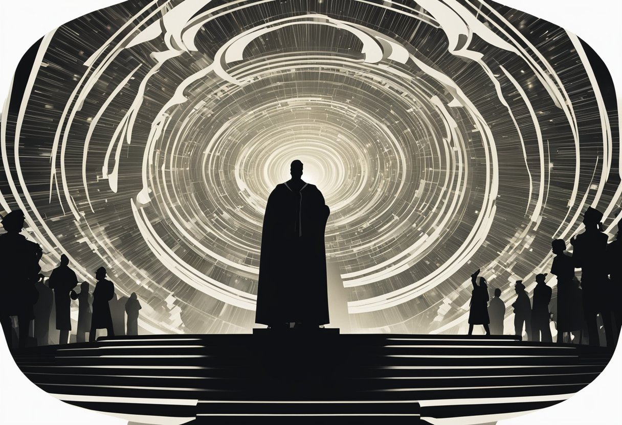 A glowing, sinister figure looms over a grand podium, surrounded by swirling shadows. The figure holds a scepter, emanating dark energy, while a crowd of onlookers gazes in awe and fear