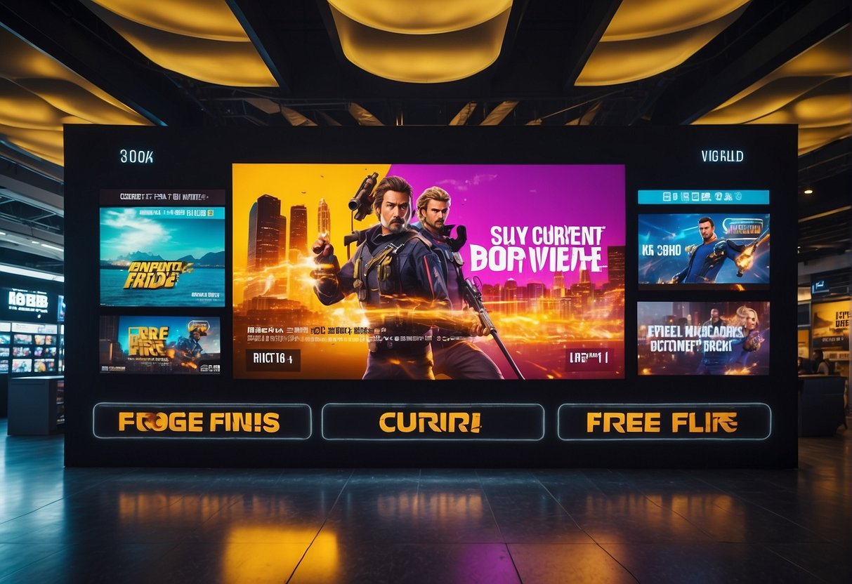 A vibrant digital display showcasing "Current Promotions in the World of Free Fire" with bold text and eye-catching graphics