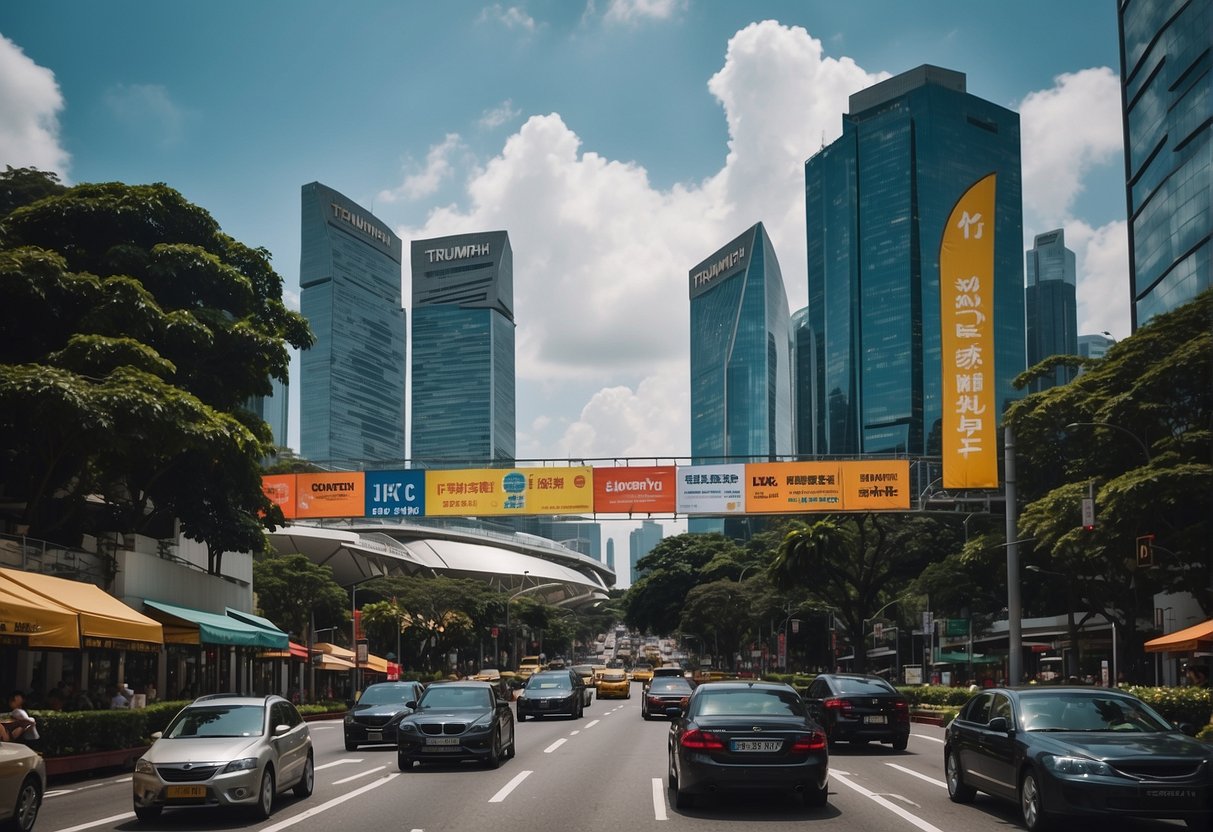A vibrant cityscape with colorful banners and signs promoting Triumph in Singapore. Tall buildings and bustling streets create a lively atmosphere