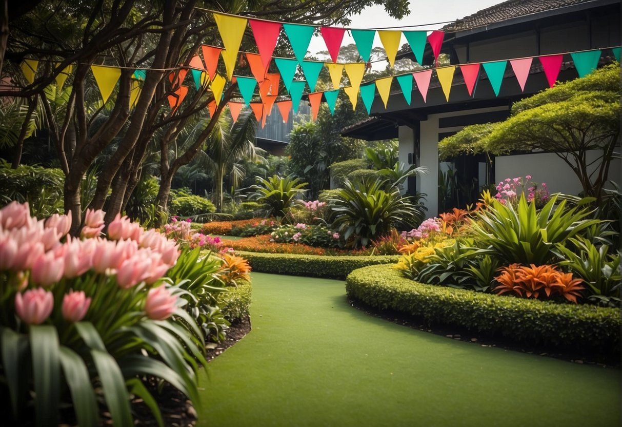 A vibrant garden with blooming flowers and lush greenery, accompanied by colorful banners and signs promoting Spring Spectacular Savings for Teva in Singapore