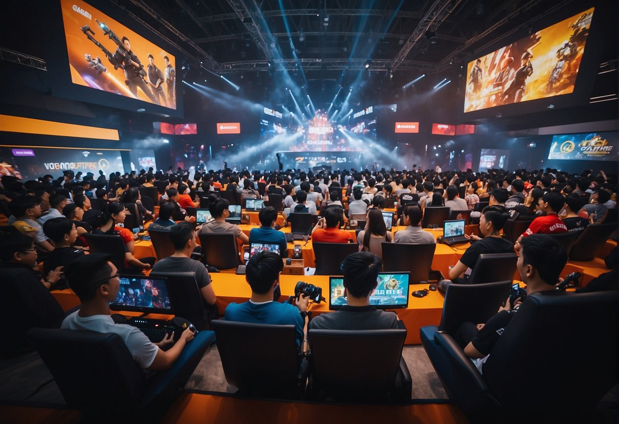 A diverse group of gamers from around the world gather in Singapore, surrounded by banners and logos of Garena promotions, cheering and celebrating their love for Free Fire