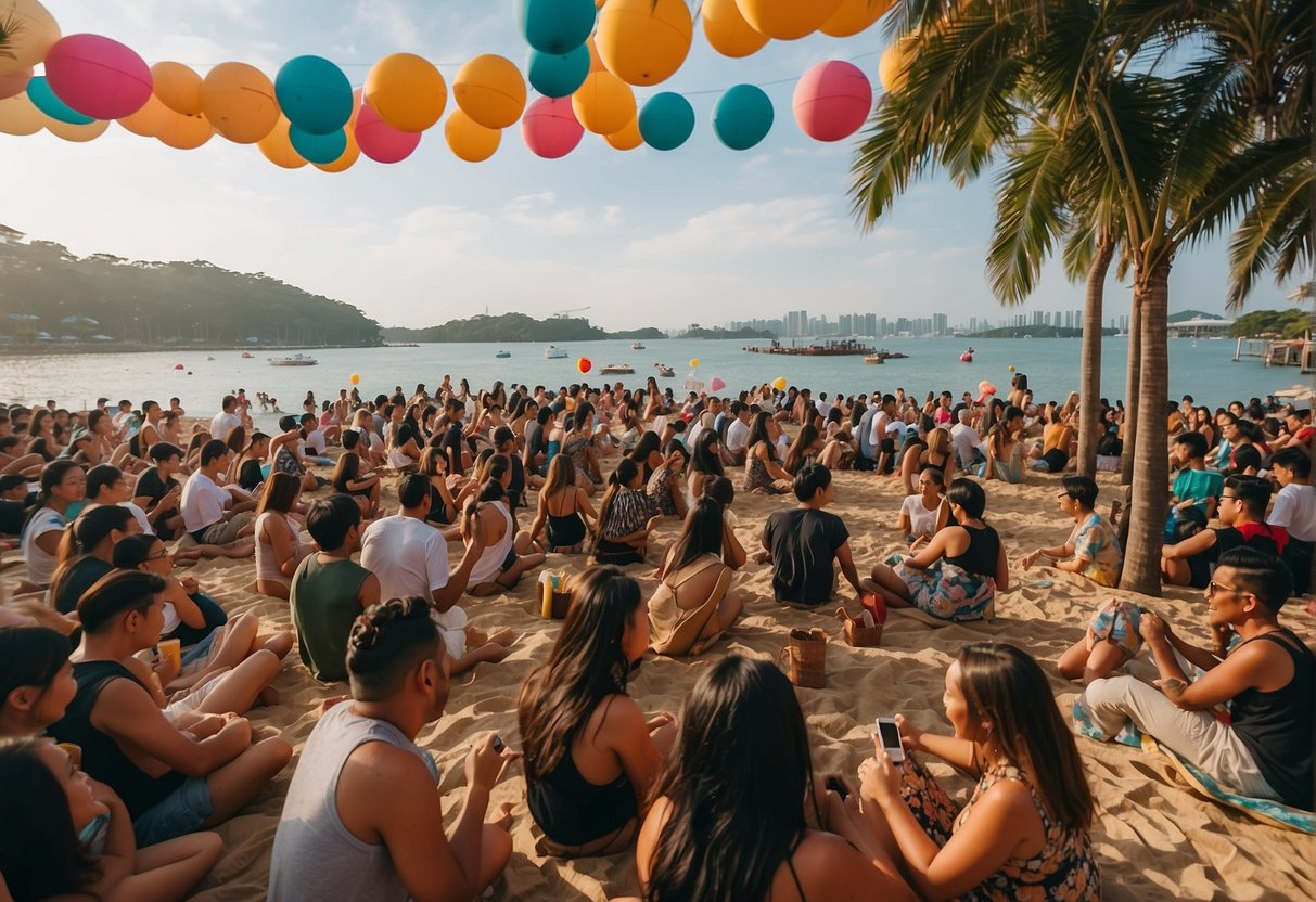 A vibrant beach party with colorful decorations, lively music, and people enjoying Teva products under the sunny Singapore sky