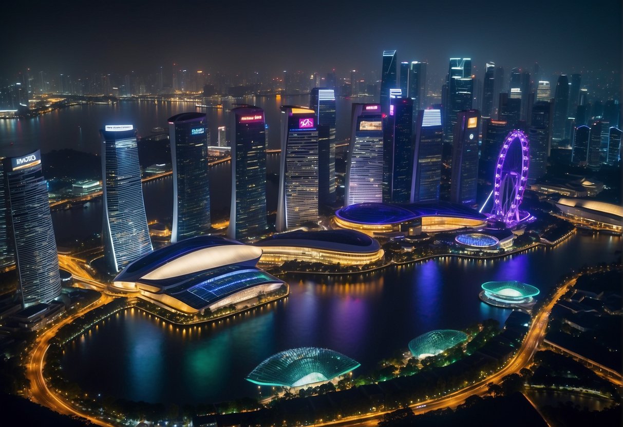 A futuristic city skyline with neon lights and sleek buildings, showcasing the vibrant and dynamic atmosphere of Singapore in 2024