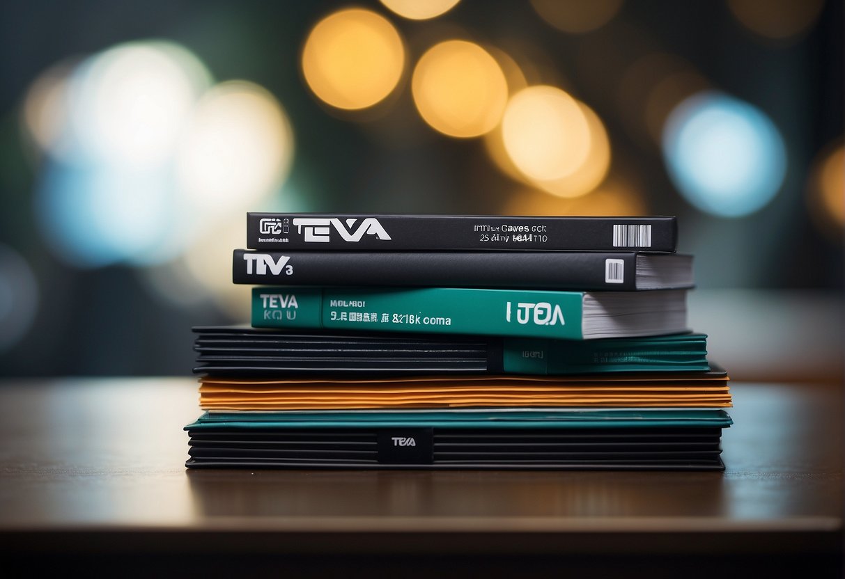A stack of promotional materials with the Teva logo, surrounded by question marks and a Singaporean backdrop