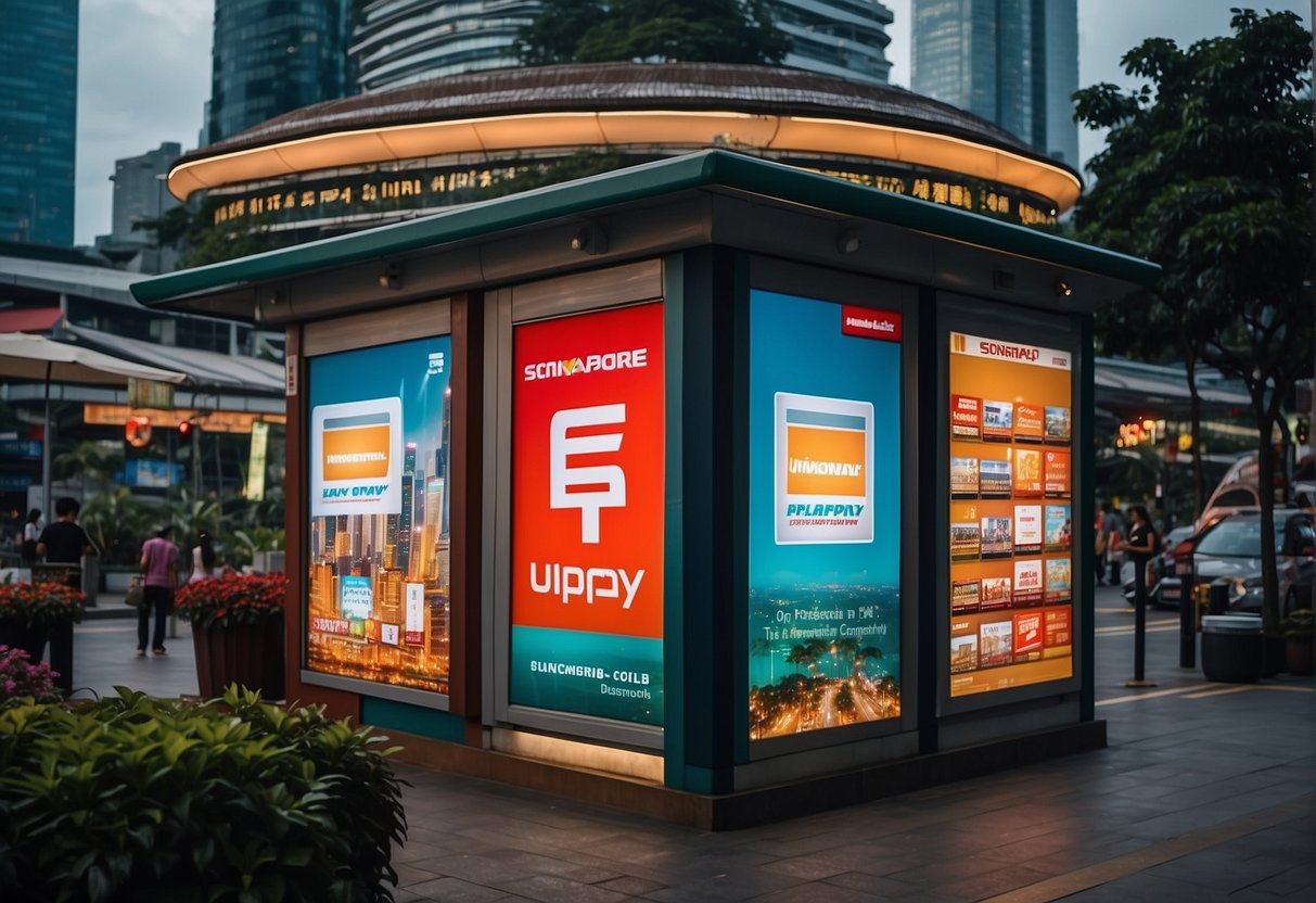 A vibrant Singaporean cityscape with prominent UnionPay logos displayed on various storefronts and billboards