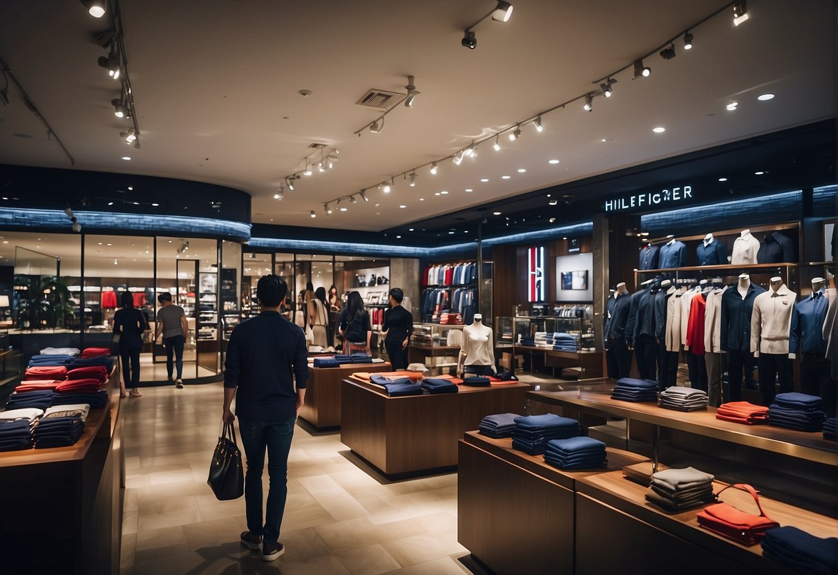 A crowded store with people browsing Tommy Hilfiger promotions in Singapore, with prominent signage and displays