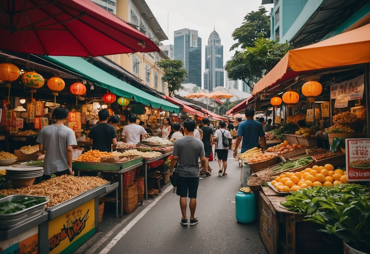 A colorful and vibrant street scene in Singapore, with iconic landmarks and local culture. Vibrant street art, bustling markets, and diverse food stalls