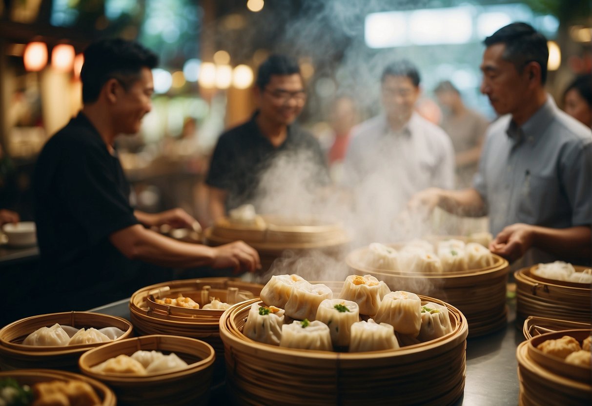 A table filled with steaming bamboo baskets of assorted dim sum, surrounded by customers enjoying a dim sum promotion in a bustling Singapore restaurant