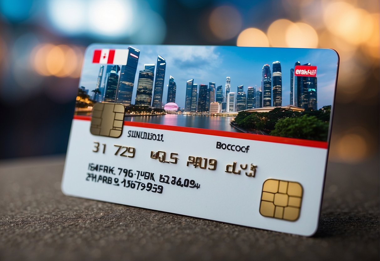 A Union Pay credit card surrounded by Singaporean landmarks and symbols, with promotional signs and offers displayed nearby