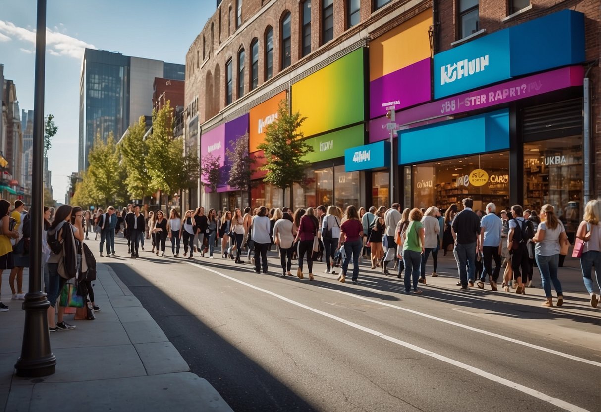 A bustling city street with a prominent Threadless store front, surrounded by excited shoppers and colorful promotional displays