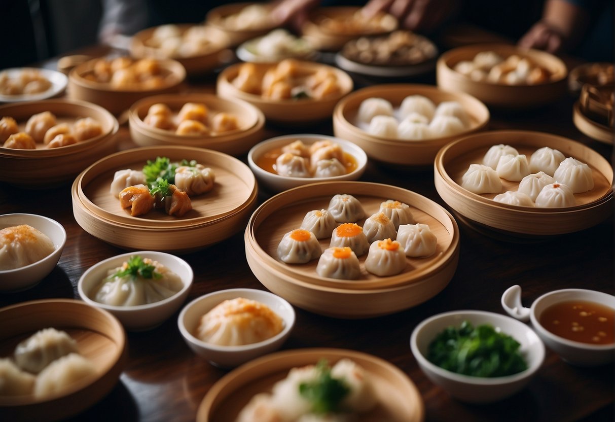 A table filled with a variety of steaming dim sum dishes, surrounded by eager diners in a bustling restaurant setting