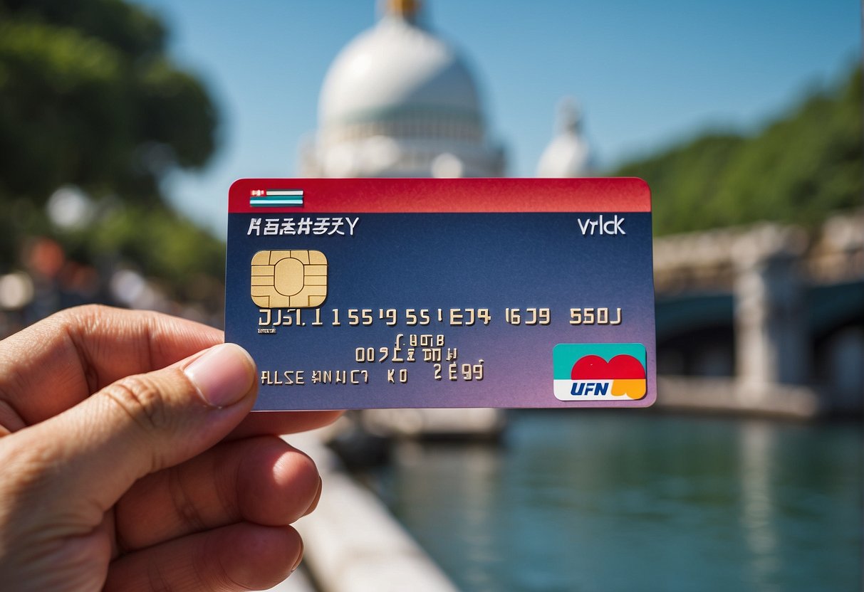 A traveler using a UnionPay card to enjoy overseas perks, with iconic landmarks and international currency symbols in the background