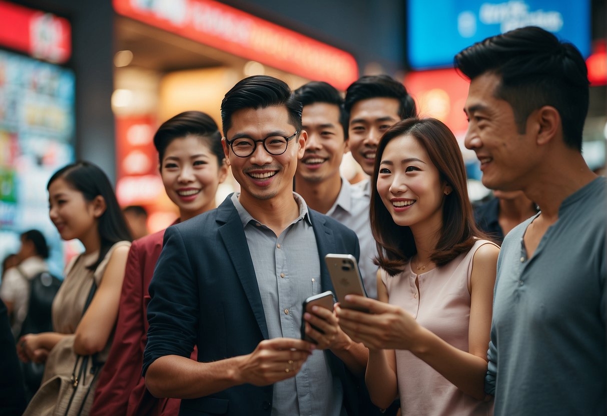 A group of people in Singapore eagerly browsing through promotional offers for UnionPay, with excitement and anticipation on their faces