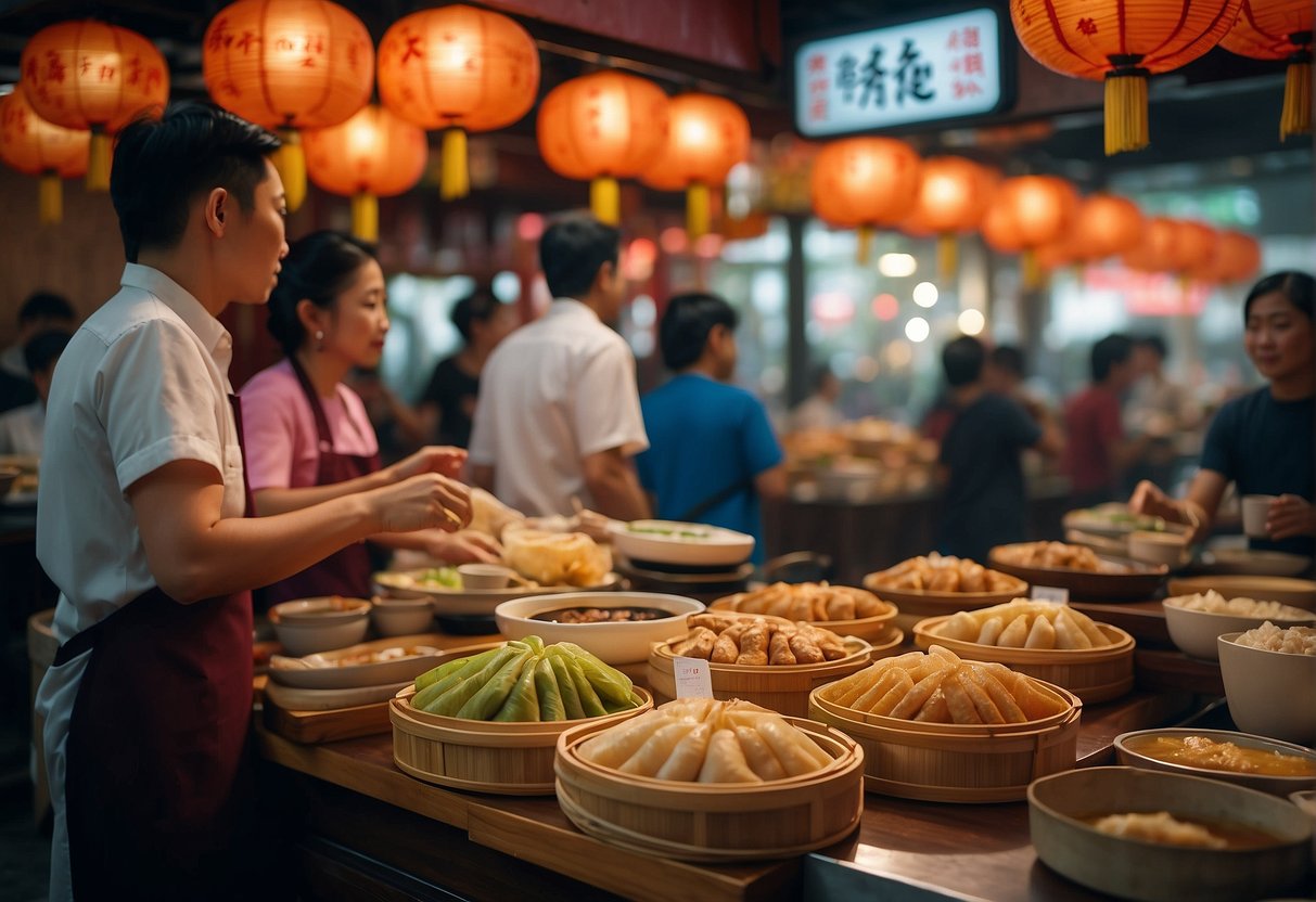 A bustling dim sum restaurant with colorful banners advertising promotions in Singapore. Tables filled with steaming bamboo baskets and customers enjoying the delicious food