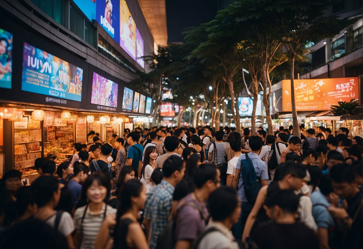 A bustling Singapore street filled with colorful posters and flyers advertising upcoming gigs and events. Bright lights and lively energy draw in passersby
