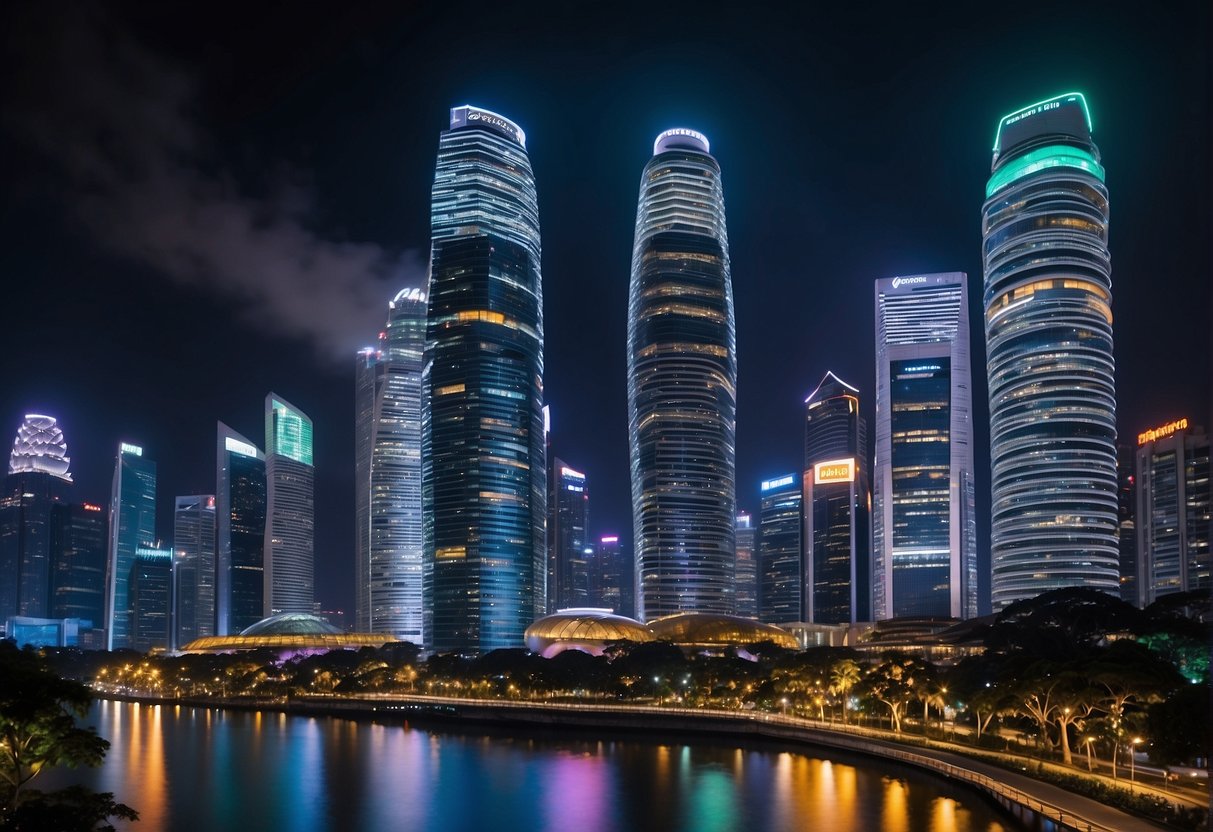A bustling cityscape with towering skyscrapers and vibrant neon lights, showcasing the energy and excitement of Edge Pan Pacific Promotions in Singapore