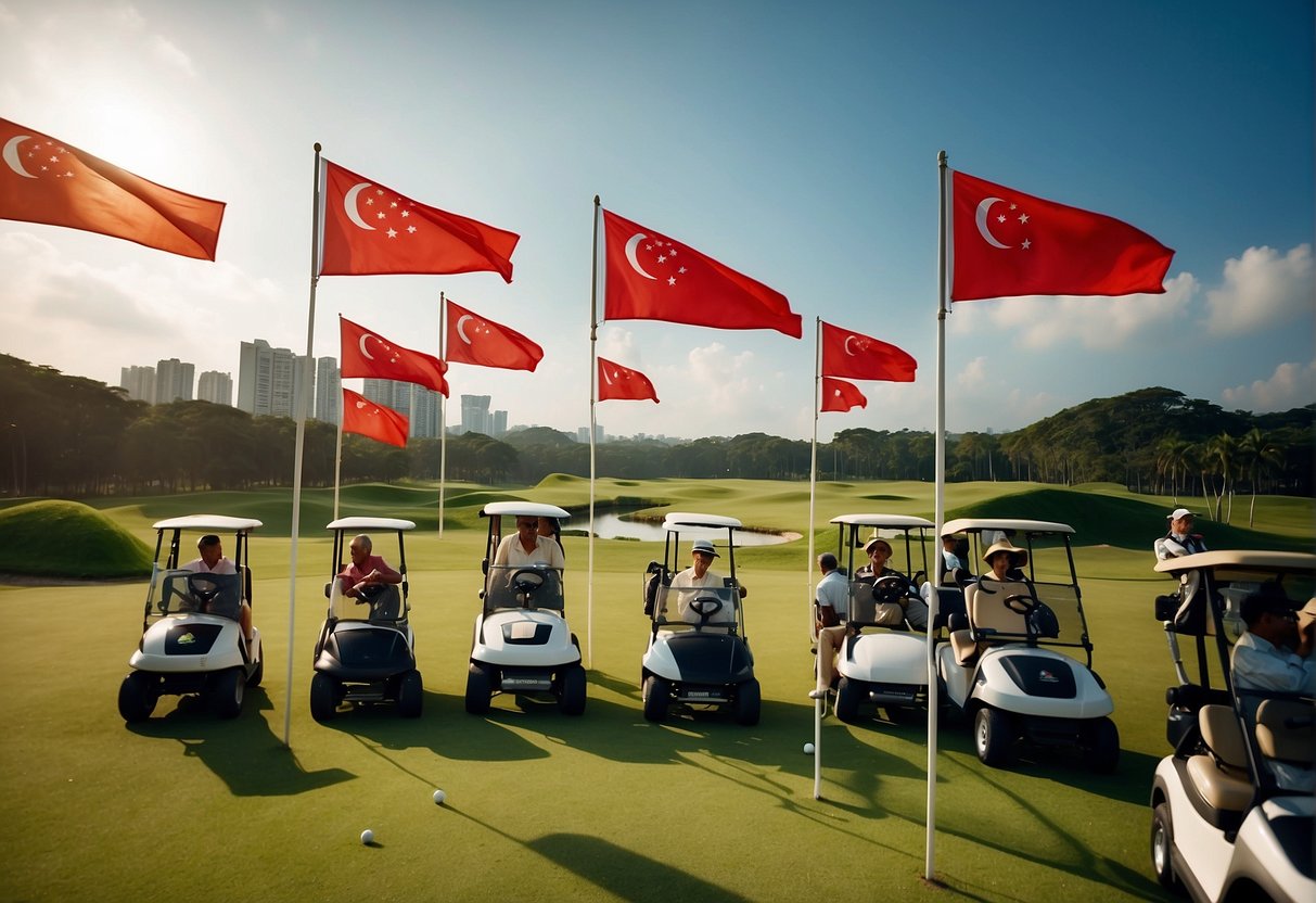 A golf course with vibrant banners showcasing the latest promotions in Singapore. Flags flutter in the breeze, and golfers gather around the promotional materials