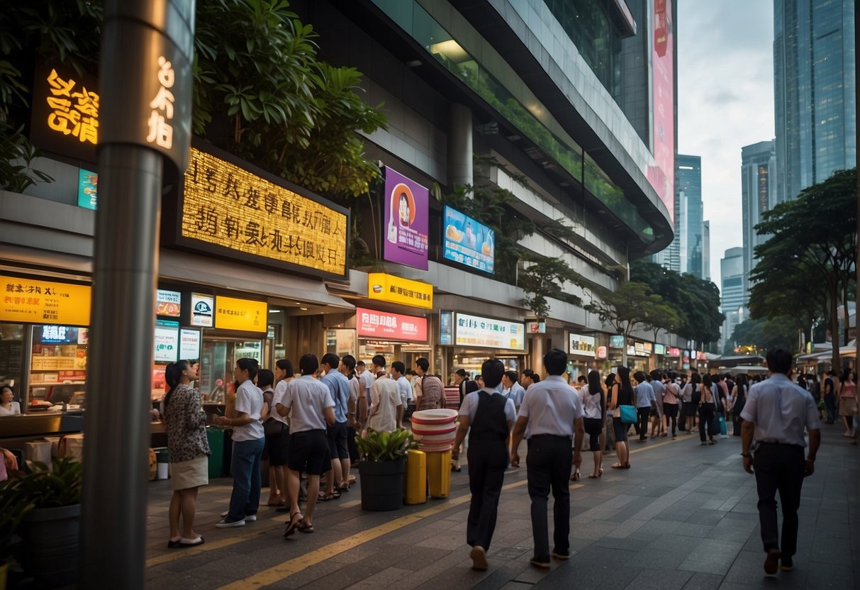 A bustling city street with bright, eye-catching signs advertising the latest gig worker promotions in Singapore. The scene is filled with energy and excitement