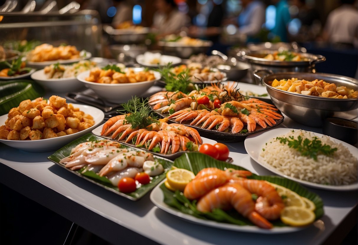 A table adorned with a variety of fresh seafood dishes, surrounded by vibrant promotional signage at the edge of Pan Pacific Singapore