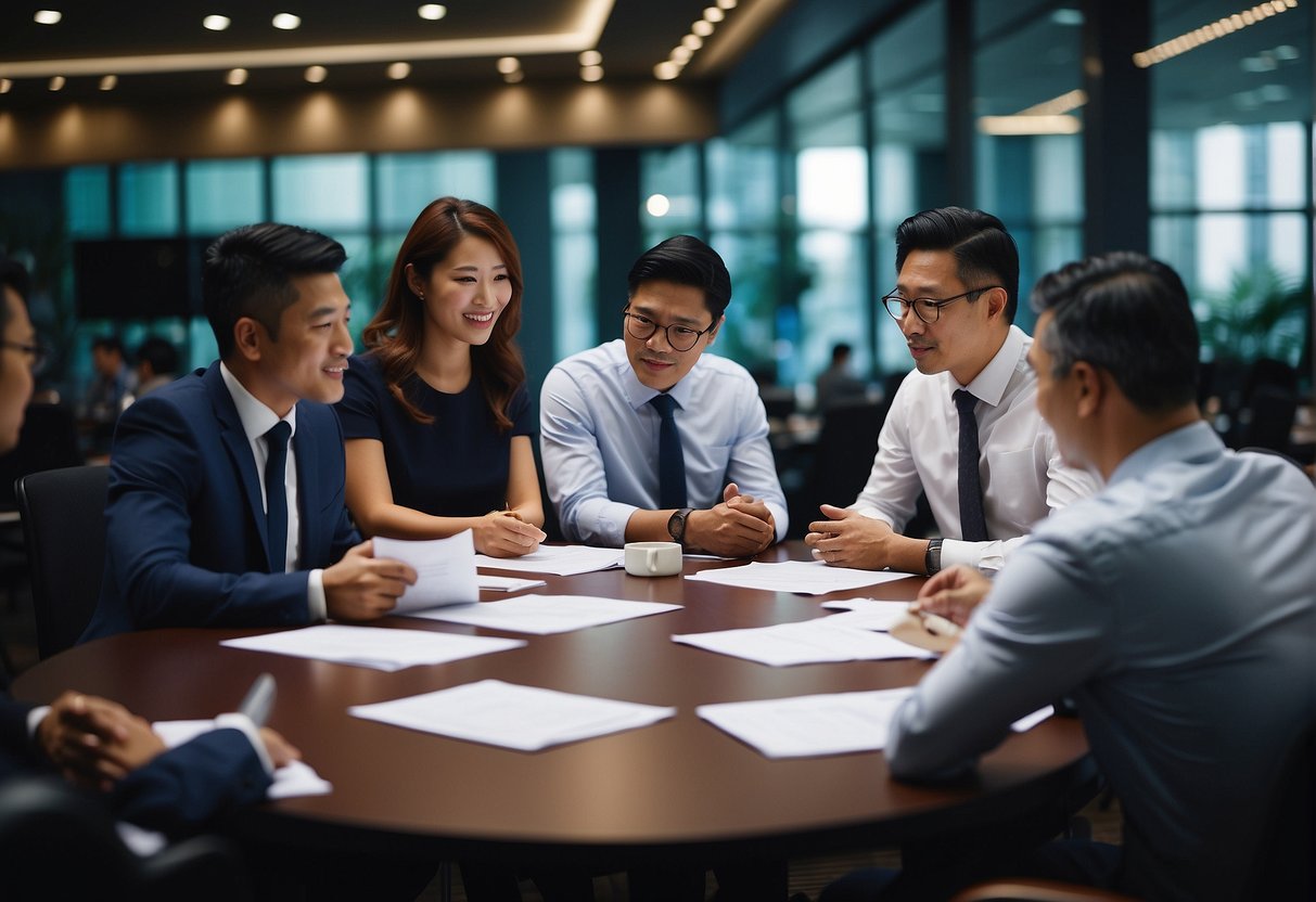 A group of professionals discussing and signing contracts for future benefits and protections at a business conference in Singapore