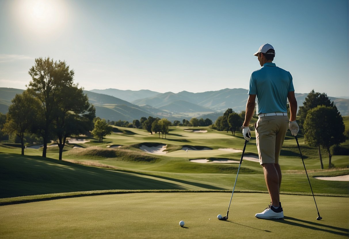 A golfer tees off with a picturesque backdrop of rolling green hills and a clear blue sky, showcasing the beauty and tranquility of the golf course