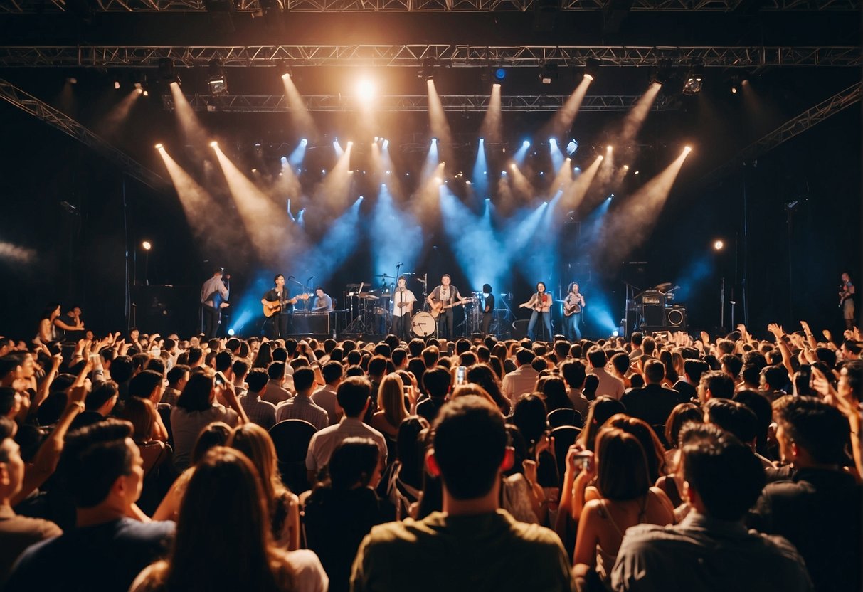 A crowd of people eagerly gathers around a brightly lit stage, where a band performs at a "Frequently Asked Questions" gig promotion in Singapore