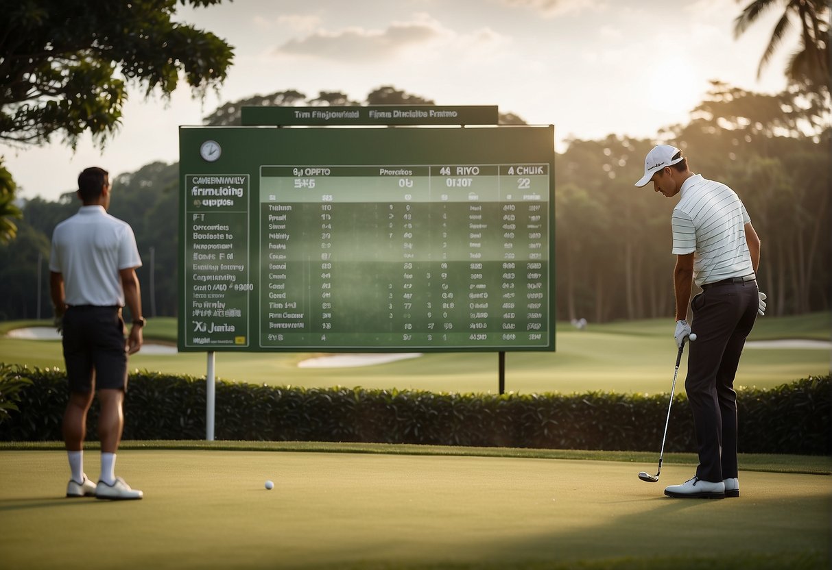 A golfer tees off with a group of players watching, while a banner with "Frequently Asked Questions golf promotions singapore" is displayed nearby