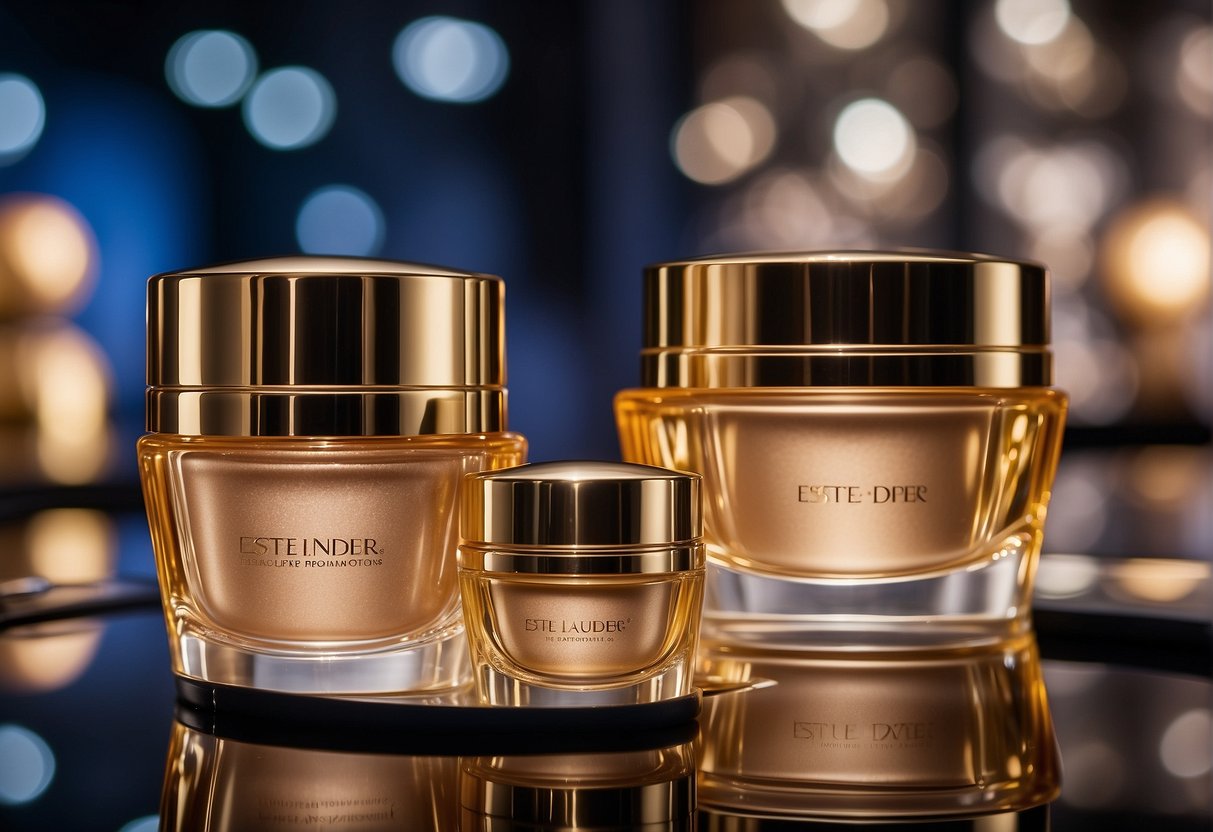 A vibrant display of Estée Lauder promotions in Singapore, featuring elegant product packaging and captivating visuals