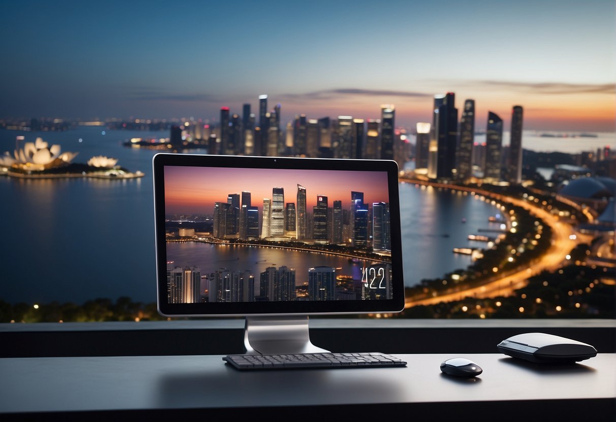 A computer screen displaying 2024 Estée Lauder promotions, with the Singapore skyline in the background