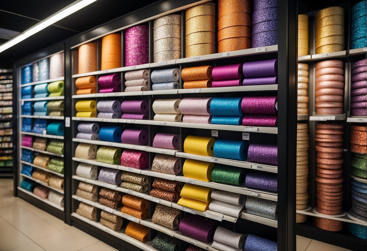 Colorful wallpaper rolls displayed on shelves, with promotional signs and price tags. Bright lighting and a clean, modern showroom setting in Singapore