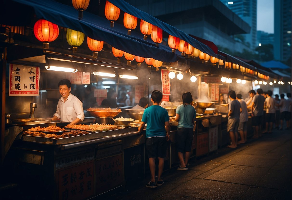Colorful yatai stalls line the bustling streets of Singapore, offering a variety of delectable street food and vibrant cultural promotions