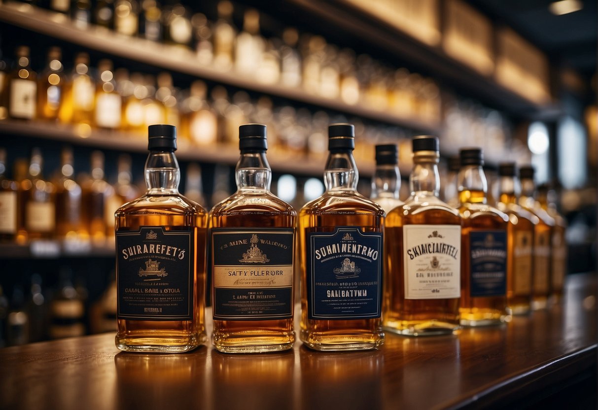 A display of various whisky bottles with promotional signage in a Singaporean liquor store