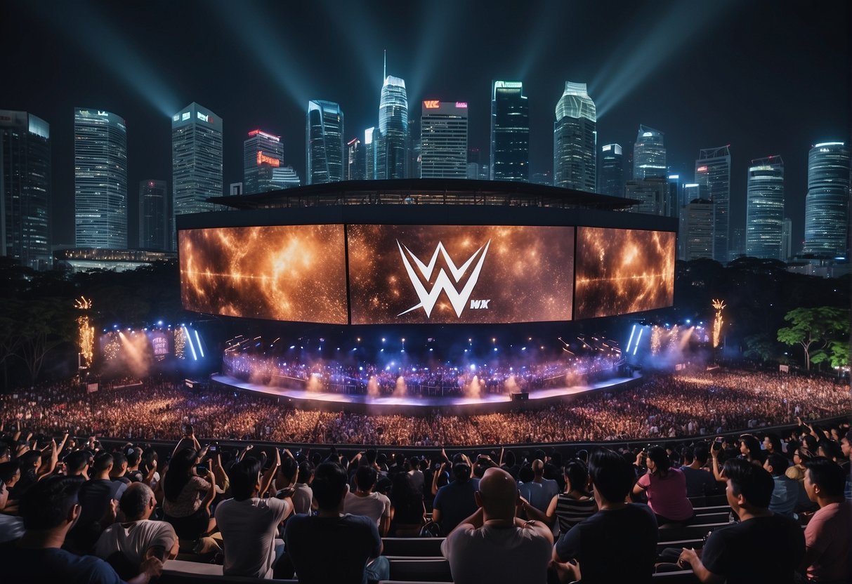 A crowd cheers as WWE logos light up Singapore skyline at night