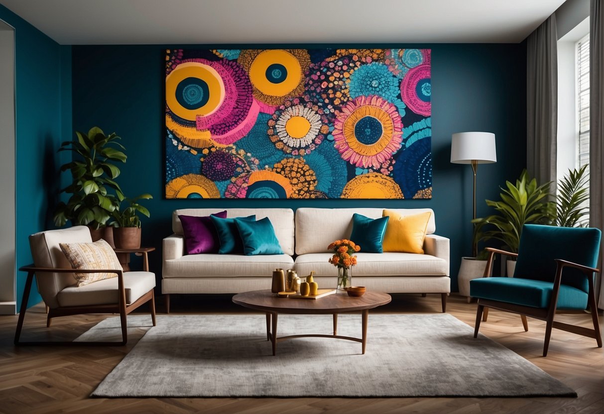 Vibrant colors and bold patterns adorn a modern living room wall, showcasing the latest 2024 wallpaper trends