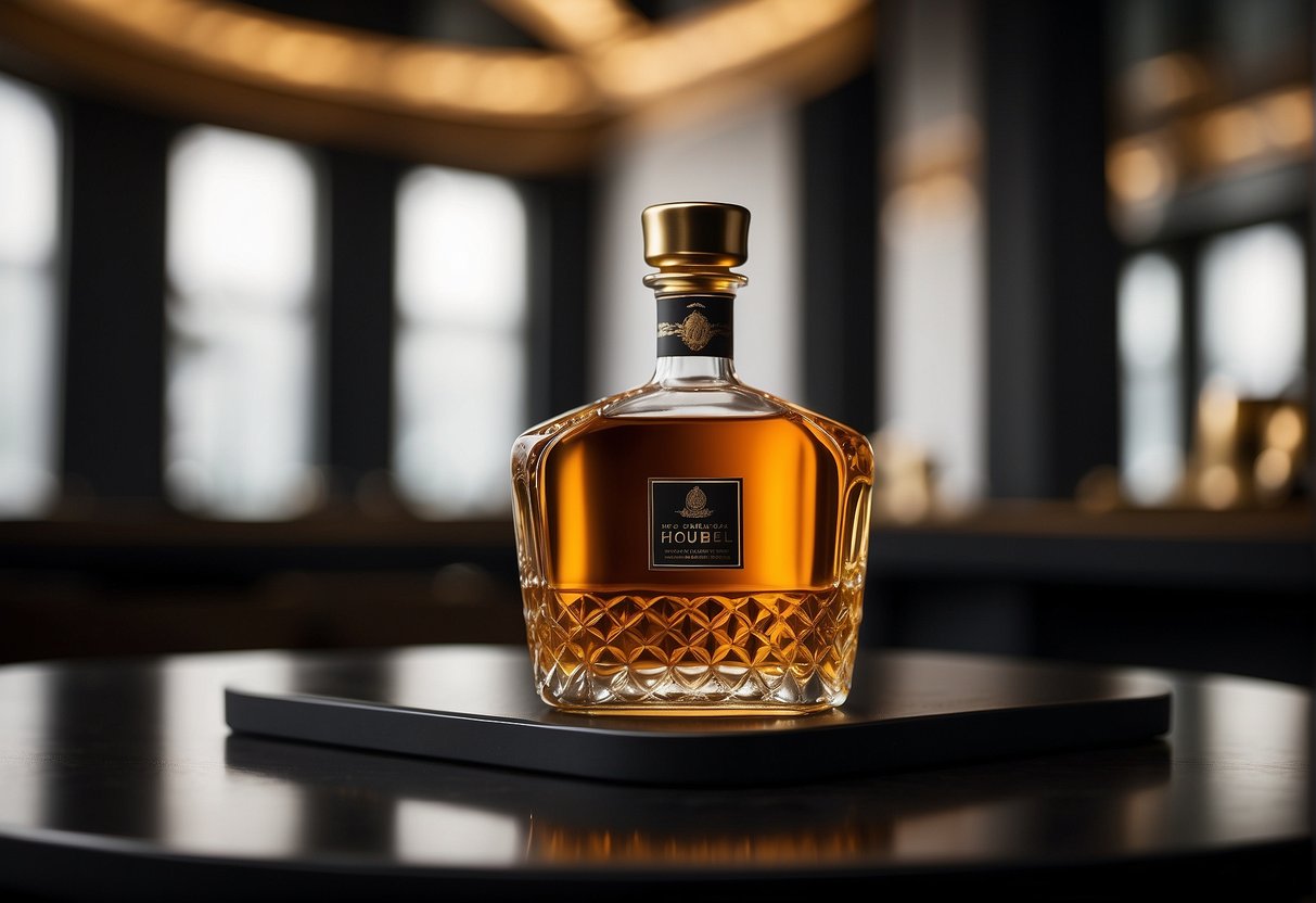 An elegant whisky bottle displayed on a sleek, black podium with gold accents, surrounded by luxurious branding and promotional materials