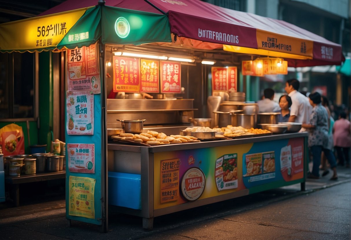 A colorful street food stall in Singapore displays banners for "Current Promotions" by Yatai Promotions