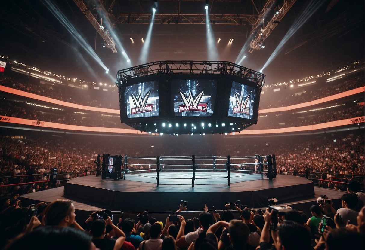 A wrestling ring adorned with WWE Network logos, surrounded by cheering fans in Singapore