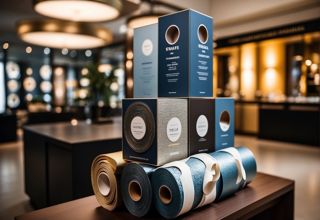 A lavish display of luxurious wallpaper rolls with promotional signage in a high-end Singapore showroom