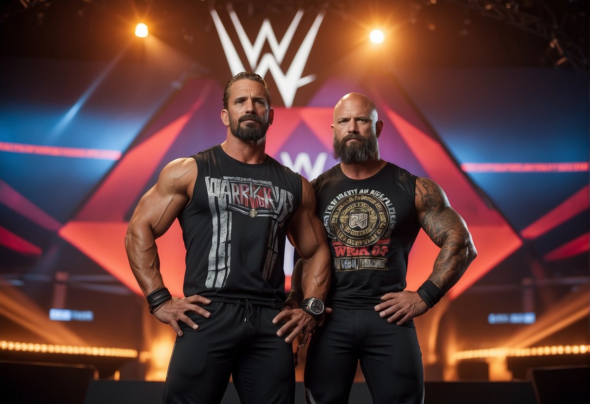 Athletes stand in front of a WWE Network logo with upcoming appearances in Singapore